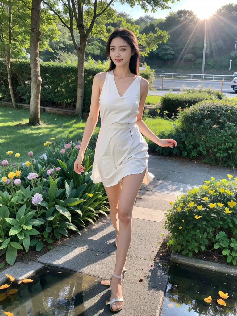 ,masterpiece, best quality,8K, ultra highres,Reallightandshadow,Cinema lenses,(beautidful eyes:1.1), ((The scene is,The upper part of the body)),dynamicposes,On a green meadow,A gentle goddess came with a gentle step。She wore a white dress,A gentle breeze blows,The skirt dances lightly。The sun shines through the leaves on her hair,Reflecting her clear eyes and gentle smile。Colorful butterflies flew around her,Flowers bloomed at her feet,It was as if nature was cheering for her。
