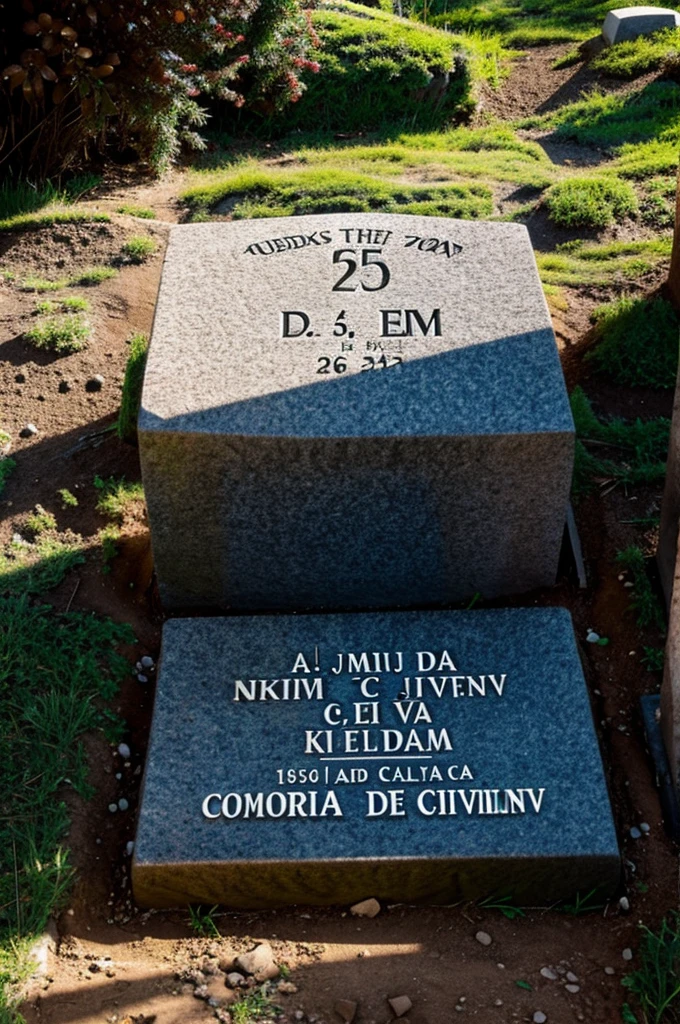 Create a headstone buried in cemetery soil that says "q.d.AND.P Hermilia Cueva Calvay 05-26-24"