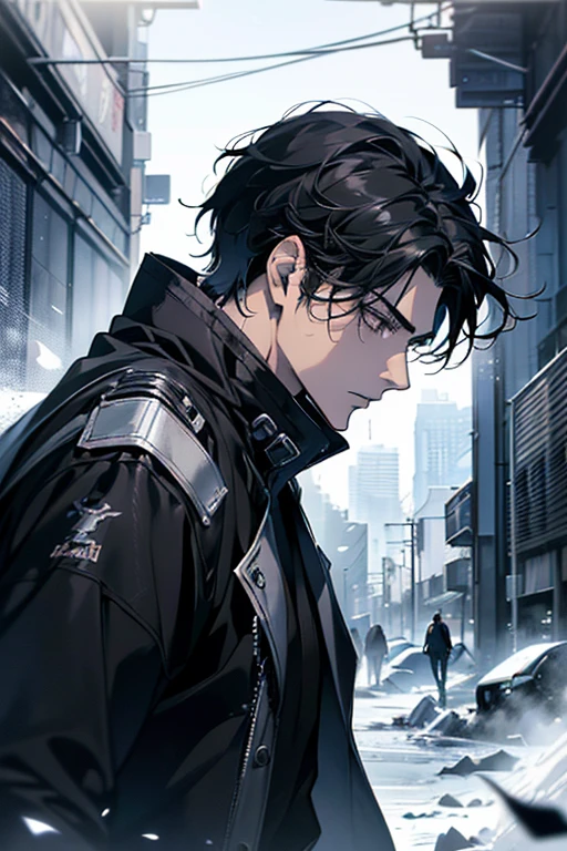 (best quality detailed image beautiful image 8K photorealistic dramatic lighting 1:1) (digital art digital illustration) (camera focused on face in profile) (cold colors dim lighting) Art Manhwa 25 year old man very handsome black hair white and black clothes eyes black people (dreamy expressionless look, perfect face, perfect lines) walking in a chaotic dystopia setting