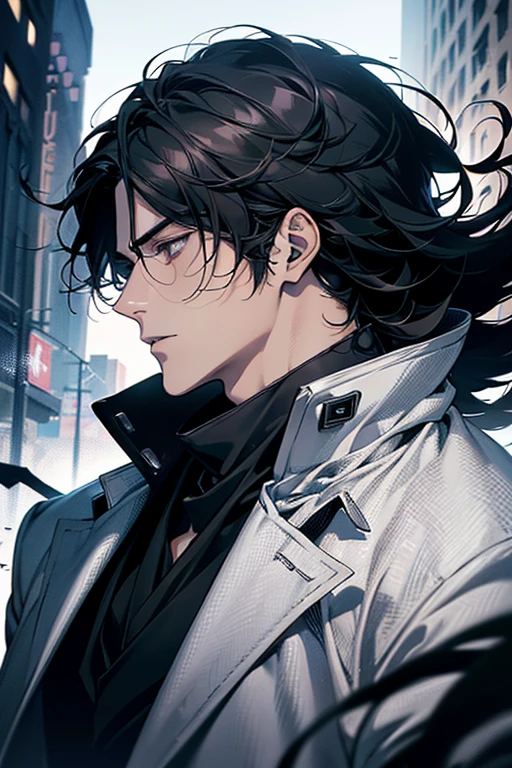 (best quality detailed image beautiful image 8K photorealistic dramatic lighting 1:1) (digital art digital illustration) (camera focused on face in profile) (cold colors dim lighting) Art Manhwa 25 year old man very handsome black hair white and black clothes eyes black people (dreamy expressionless look, perfect face, perfect lines) walking in a chaotic dystopia setting