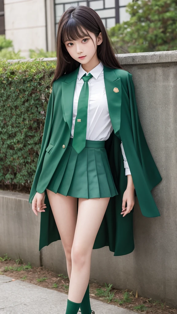 masterpiece, Highest quality, One girl, alone, Nahida_Genshin Impact, Cruciform pupil, , Green tie, blazer, Pleated skirt, Green Cape, Are standing