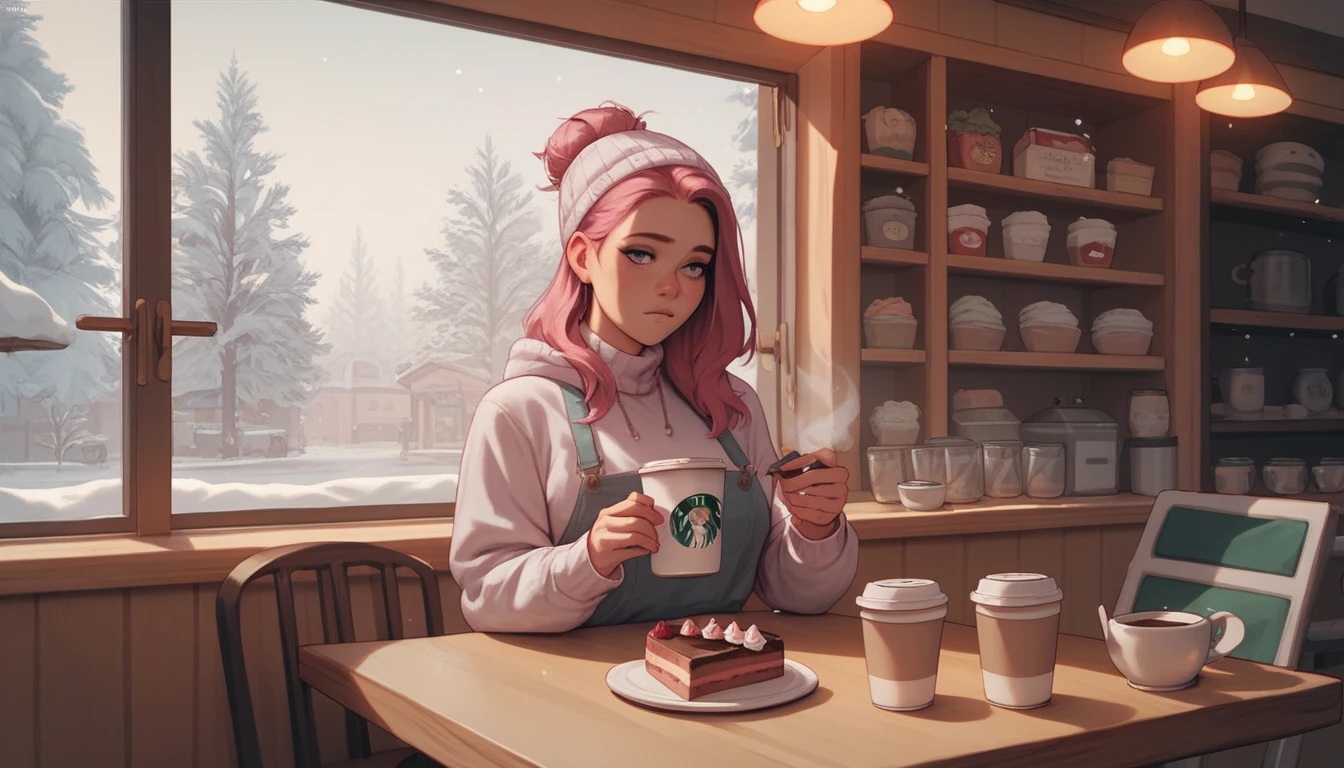 A cozy coffee shop in winter. With cakes in glass round container. Hot coffee on the table. A few chairs and tables. Lonely shop. Can see snow fall from the glass door. 