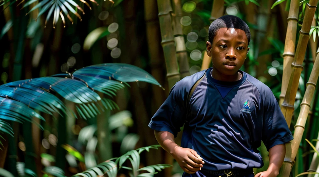 image of a black male ager, 12 yearing a dark gray long-sleeved shirt = no pattern - short curly hair - long pants and straw sandals, - looking in profile at the bamboo grove, - running with his back to the camera - alone on the trail - Image of Blue morpho butterflies - runs after the butterfly flying next to species butterfly flying - - Blue morpho - butterfly flying next to and - bamboo forest