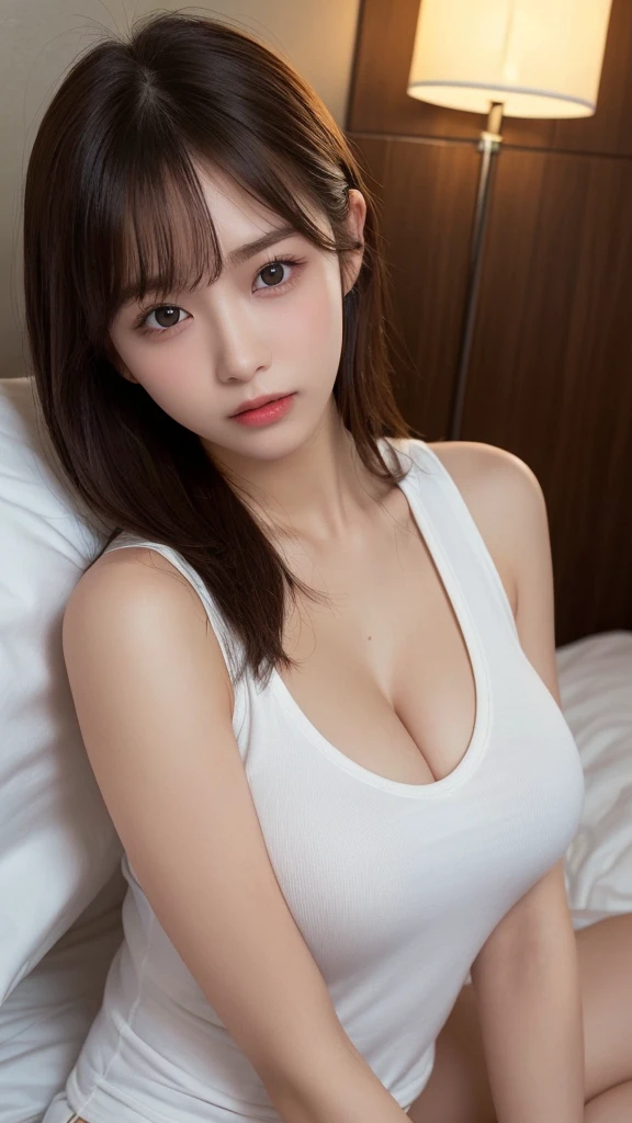 (Realistic: 1.2, Highest quality, In 8K,Wetty:1.3 ), ( , K-POPアイドル、 Sweat: 1.2, Wet:1.3、Cleavage、Large Breasts:1.8、Brown Hair), Fine skin, (Cinema Lighting),  Soft Light, double eyelid, ((Excited、Sexy、Bust up shot、Pheromones、Lying in bed))(One Girl)、huge 、Proudly、Sunburn、Expose the muscles、Sweat muscles、Punk T-shirt、Pose to hide the chest、Baby Face