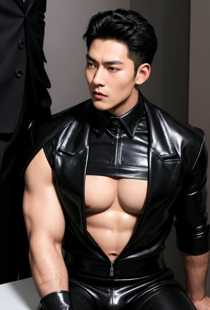 High quality two men in love 20years old,a daddy,tight black shiny suit sit down,k hd,in the office,muscle, gay ,black hair,asia face,masculine,strong man,the boss is,handsome,sex,leather gloves,lecherous dad,look straight ahead,Dad is erection