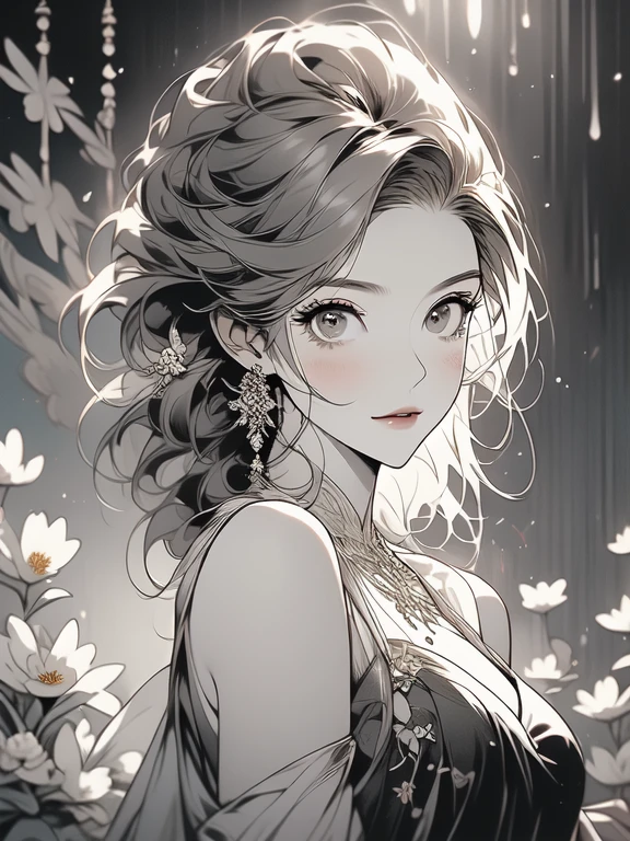 (masterpiece, top quality, best quality, official art, beautiful and aesthetic:1.2), (1girl:1.3), extremely detailed,(fractal art:1.1),(colorful:1.1)(flowers:1.3),highest detailed,(zentangle:1.2), (dynamic pose), (abstract background:1.3), (shiny skin), (many colors:1.4), (feathers:1.5), nsfw:1.5, cyber sttyle girl, 1girl, solo, short hair, in nightclub ,bar, bare shoulders, BREAK, rainbow hair,long hair, breasts out:2,portrait, (from above:1.2), medium breasts, beautiful breasts, monochrome, greyscale, midjourney, dancing pose