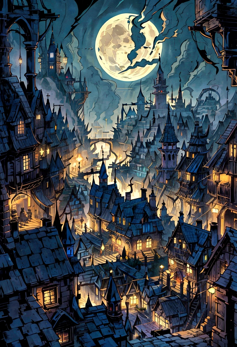 a view of a town at night with a full moon, a bustling magical town, victorian harbour night, nightime village background, medeival fantasy town, fantasy town setting, fantasy atmospheric lighting, whiterun in the style of pixar, fantasy matte painting,cute, stylized urban fantasy artwork, 4k highly detailed digital art, thomas kincade