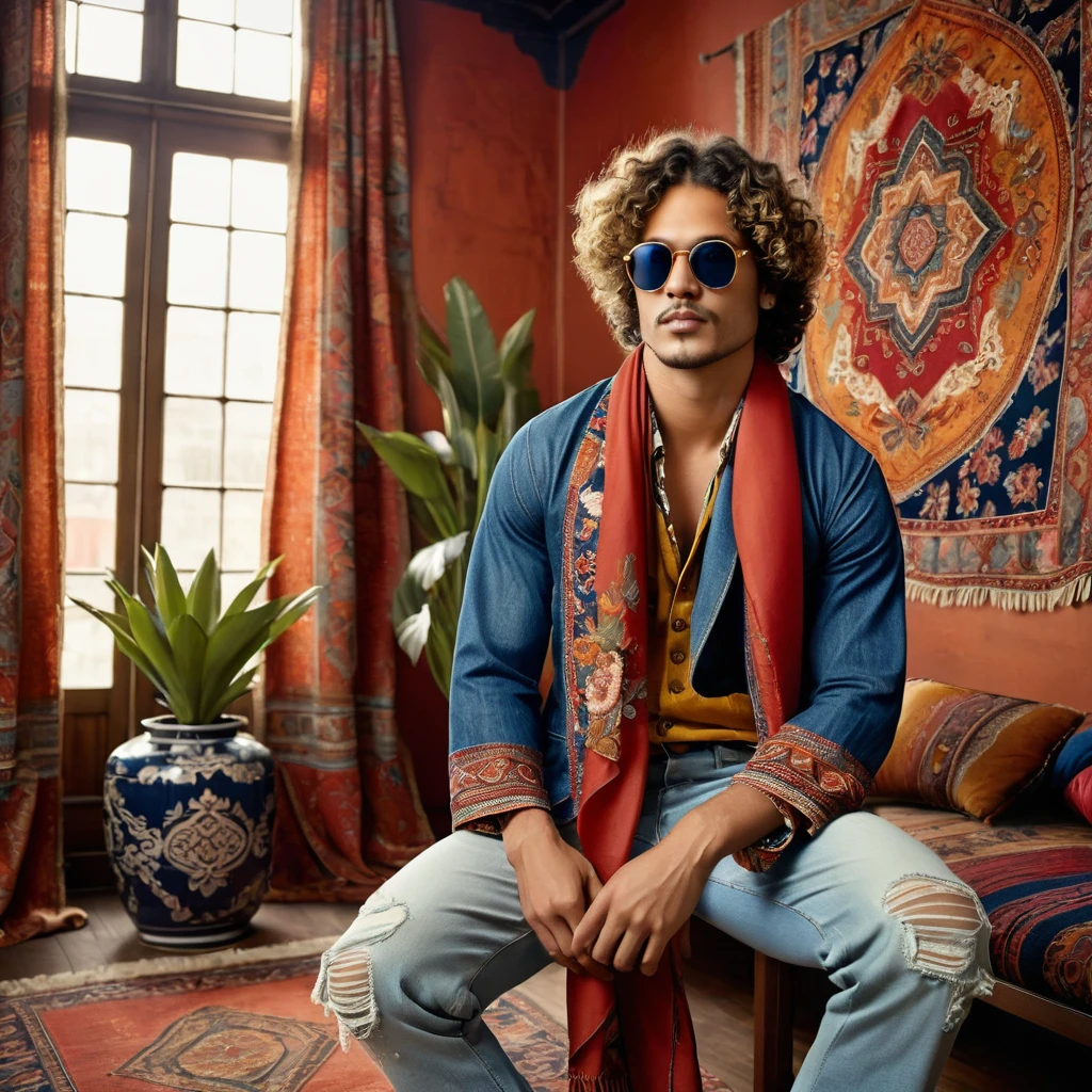 Two male models are posing in a richly decorated environment that evokes a vintage and bohemian vibe. The standing model is positioned on the left, wearing a blue denim kimono-style jacket adorned with intricate ethnic patterns and distressed edges. Underneath, he has a loose-fitting rust-colored shirt, accessorized with layered necklaces and a mustard yellow scarf tied around his neck. He pairs this with light-washed, slightly flared jeans and woven brown shoes. His curly hair adds to the laid-back, retro aesthetic. The seated model on the right is dressed in a mustard-colored, short-sleeved shirt with red details at the sleeves, paired with distressed jeans featuring patchwork and embroidery. He completes his look with a long, patterned scarf draped around his neck and retro-style sunglasses. His wavy hair cascades around his face, enhancing the 70s vibe.
The setting is an indoor space with an opulent backdrop of tapestries and textiles featuring floral and geometric patterns, predominantly in shades of red, blue, and cream. The walls and ceiling are draped with these richly decorated fabrics, creating an immersive, eclectic atmosphere. There are large potted plants adding a touch of greenery, and the floor is layered with various rugs and cushions in complementary patterns, providing a cozy, layered texture to the scene. The composition is balanced with the standing model on the left and the seated model on the right, creating a dynamic visual flow. The lighting is soft and diffused, enhancing the textures and colors of the fabrics and the models' outfits. This lighting setup suggests a late afternoon or indoor studio environment, with light filtering through curtains or softboxes to avoid harsh shadows. The photograph appears to be taken with a medium format camera, which captures high detail and depth. A slight upward angle is used to emphasize the height and presence of the standing model while keeping the seated model within the frame. 