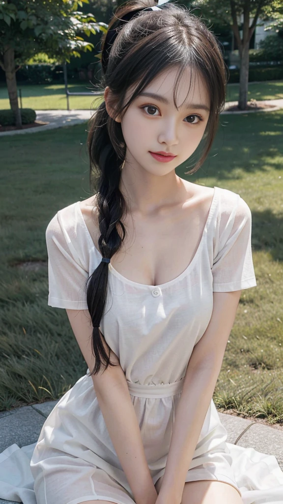 collared dress,European park,On the lawn,One woman,masutepiece, The highest image quality, High quality, the background is clear,Beautiful woman, Japanese,Ultra-detailed, finely detail, hight resolution, 8K Wallpaper, Perfect dynamic composition, Beautiful detailed eyes , Detailed, Detailed eyes, Detailed skin, Beautiful skin, 超hight resolution, (reality: 1.4),Very beautiful woman, Slightly younger face, Beautiful skin, slender, (Ultra photo realsisim), (hight resolution), (8K), (Very detailed) (beautifully detailed eyes), (super detailed), (Detailed face), view the viewer, Fine details, Detailed face, Staring straight ahead, Staring straight ahead, photos realistic, Bright lighting, Professional Lighting, Black hair,poneyTail,a baby face,sixteen years old,Hairstyle: ponytail,Long ponytail hairstyle,slight smile,neat and tidy clothing,Beautiful Japanese KPOP idol photo, hair style is ponytail, my eyes are double and wide, baby face, smile and look straight ahead, slender, small breasts,Close up face,