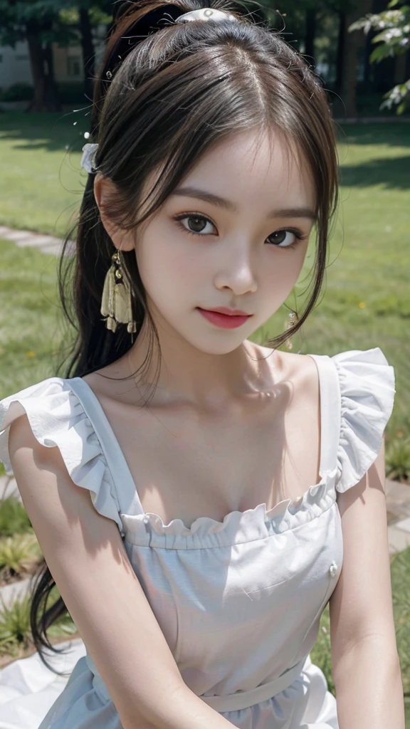 collared dress,European park,On the lawn,One woman,masutepiece, The highest image quality, High quality, the background is clear,Beautiful woman, Japanese,Ultra-detailed, finely detail, hight resolution, 8K Wallpaper, Perfect dynamic composition, Beautiful detailed eyes , Detailed, Detailed eyes, Detailed skin, Beautiful skin, 超hight resolution, (reality: 1.4),Very beautiful woman, Slightly younger face, Beautiful skin, slender, (Ultra photo realsisim), (hight resolution), (8K), (Very detailed) (beautifully detailed eyes), (super detailed), (Detailed face), view the viewer, Fine details, Detailed face, Staring straight ahead, Staring straight ahead, photos realistic, Bright lighting, Professional Lighting, Black hair,poneyTail,a ,sixteen ye: ponytail,Long ponytail hairstyle,slight smile,neat and tidy clothing,Beautiful Japanese KPOP idol photo, hair style is ponytail, my eyes are double and wide, baby face, smile and look ahead, slender, small breasts,Close up face,