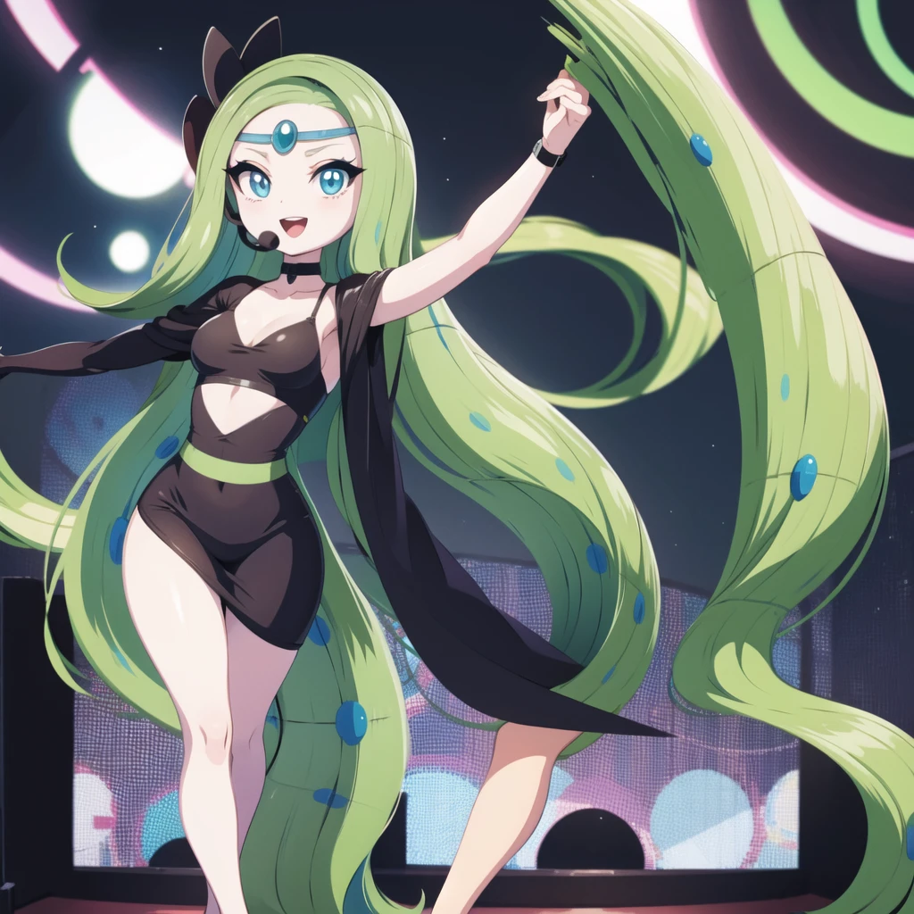 1girl, meloetta, pokemon \(creature\), mobface, blue eyes, chibi, :D, full body, black dress, green waist, concert stage, singing, dancing