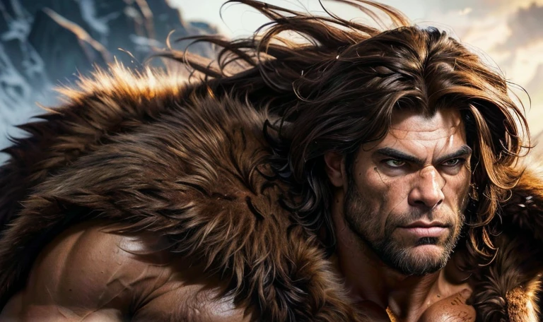 epic fantasy art, super fine illustration, High resolution, Super detailed, masterpiece, 1 male, Neanderthal, hunter, alone, adult, mature, tall and muscular man, broad shoulders, (((good looking:1.5))), messy hair, black hair, ((beautiful detailed brown eyes:1.5)), square jaw, thick neck, thick eyebrows, broad nose, prehistoric background, loincloth, furs,