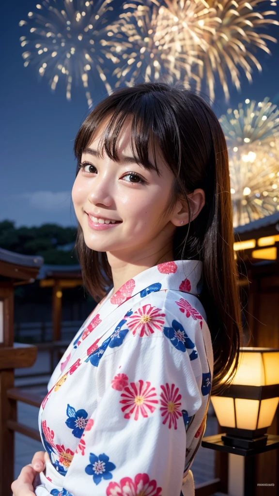 smile、high school girl、yukata、With fireworks in the background、Beautiful night view、