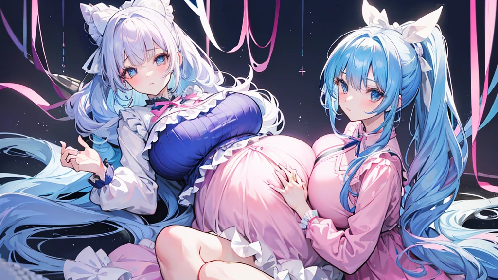 2 22-year-old girls, Blue Hair, Long double ponytail, Pink shirt, Fluffy collar, White fluffy skirt, White ribbon on hair, Lots of hair accessories, ta,(Pregnant,Huge breasts:1.8)