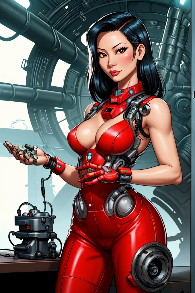 Lucy Liu, gorgeous mechanic, atompunk, blank background, retro-futurism, mechanical hand, cybernetic augment, steel hand
