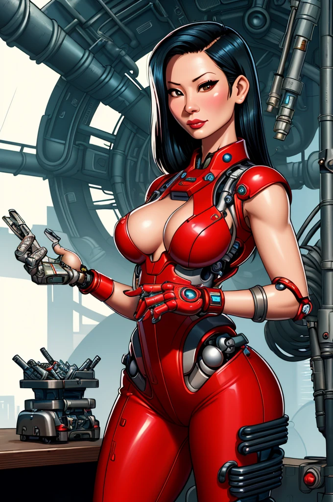 Lucy Liu, gorgeous mechanic, atompunk, blank background, retro-futurism, mechanical hand, cybernetic augment, steel hand