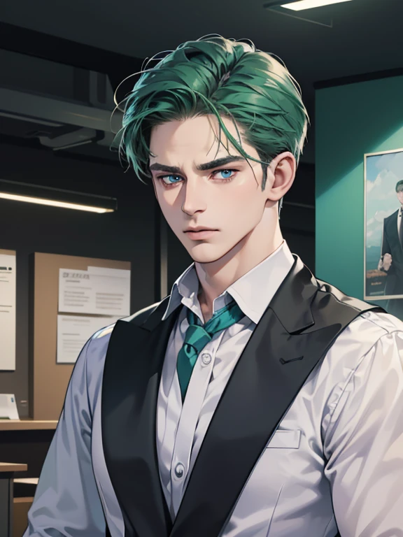 (best quality, masterpiece, 8K, photorealistic, cinematic lighting, hdr image, ultra detailed, beautiful image), 1 man, 31 years old, mature man, very handsome, (without expression, serious), short green hair, blue eyes ( penetrating gaze), imposing posture, businessman, office background