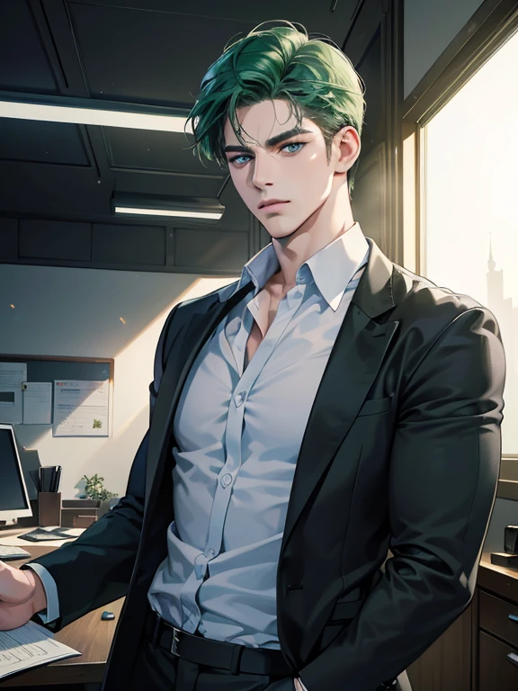 (best quality, masterpiece, 8K, photorealistic, cinematic lighting, hdr image, ultra detailed, beautiful image), 1 man, 31 years old, mature man, very handsome, (without expression, serious), short green hair, blue eyes ( penetrating gaze), imposing posture, businessman, office background