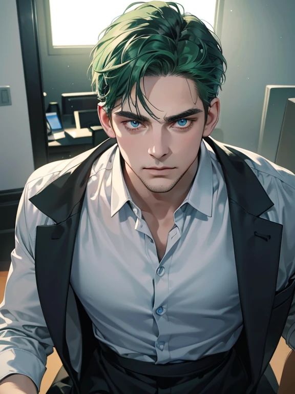 (best quality, masterpiece, 8K, photorealistic, cinematic lighting, hdr image, ultra detailed, beautiful image), 1 man, 31 years old, mature man, very handsome, (without expression, serious), short green hair, blue eyes ( penetrating gaze), imposing posture, businessman, office background