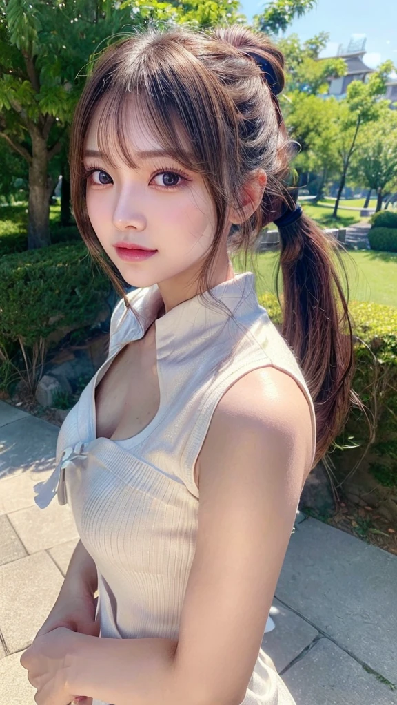 One piece with collar,outdoors,Urban Park,On the lawn,Ultra-detailed, finely detail, hight resolution, 8K Wallpaper, Perfect dynamic composition, Beautiful detailed eyes,Outdoor,Close-up of face,Outdoor,Blushing,Facing forward,,Long hair ponytail,((8k, Raw photo, Best Quality, Mastepiece:1.2), (Realism, Photorealistic:1.4), (Highly detailed 8K wallpapers), Depth of written boundary, Cinematic Lighting, Soft Light, Detailed Beauty Eye,Shiny and smooth light brown ponytail, Asymmetrical bangs, Shiny skin, Ultra-detailed skins ,It is high resolution., High detail, Detailed hairstyle, Detailed facial beauty, Hyper-realistic, Perfect limbs, Perfect Anatomy ,1 Japanese girl,Famous Japanese Idols, Perfect female body,A shy smile,Short eyelashes,Double-edged eyelids,Look straight here,Hair style: ponytail,