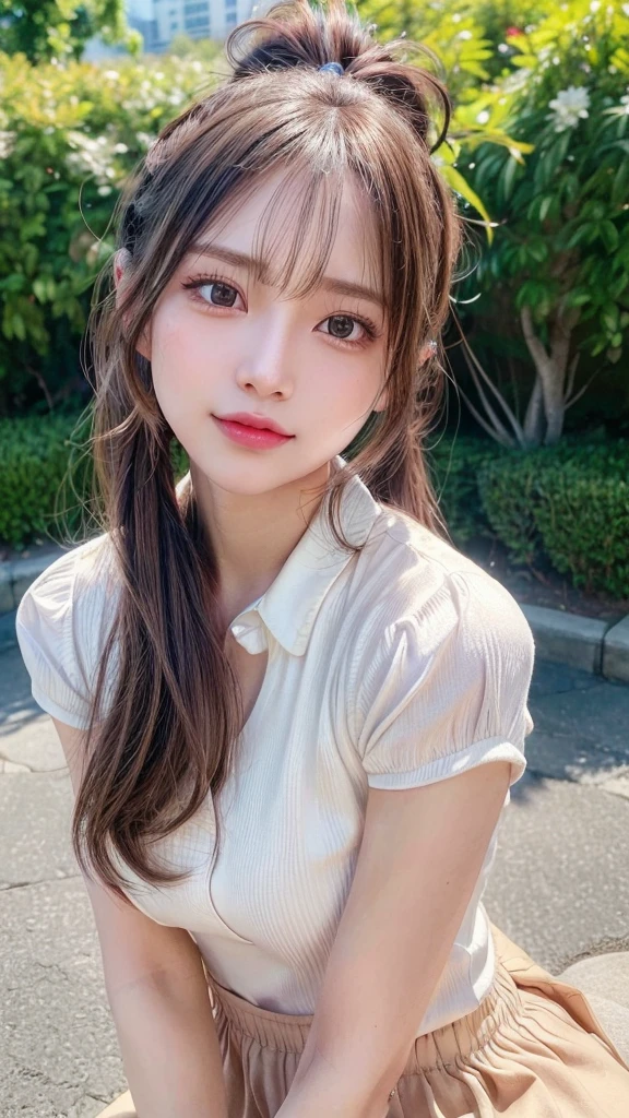 One piece with collar,outdoors,Urban Park,On the lawn,Ultra-detailed, finely detail, hight resolution, 8K Wallpaper, Perfect dynamic composition, Beautiful detailed eyes,Outdoor,Close-up of face,Outdoor,Blushing,Facing forward,,Long hair ponytail,((8k, Raw photo, Best Quality, Mastepiece:1.2), (Realism, Photorealistic:1.4), (Highly detailed 8K wallpapers), Depth of written boundary, Cinematic Lighting, Soft Light, Detailed Beauty Eye,Shiny and smooth light brown ponytail, Asymmetrical bangs, Shiny skin, Ultra-detailed skins ,It is high resolution., High detail, Detailed hairstyle, Detailed facial beauty, Hyper-realistic, Perfect limbs, Perfect Anatomy ,1 Japanese girl,Famous Japanese Idols, Perfect female body,A shy smile,Short eyelashes,Double-edged eyelids,Look straight here,Hair style: ponytail,