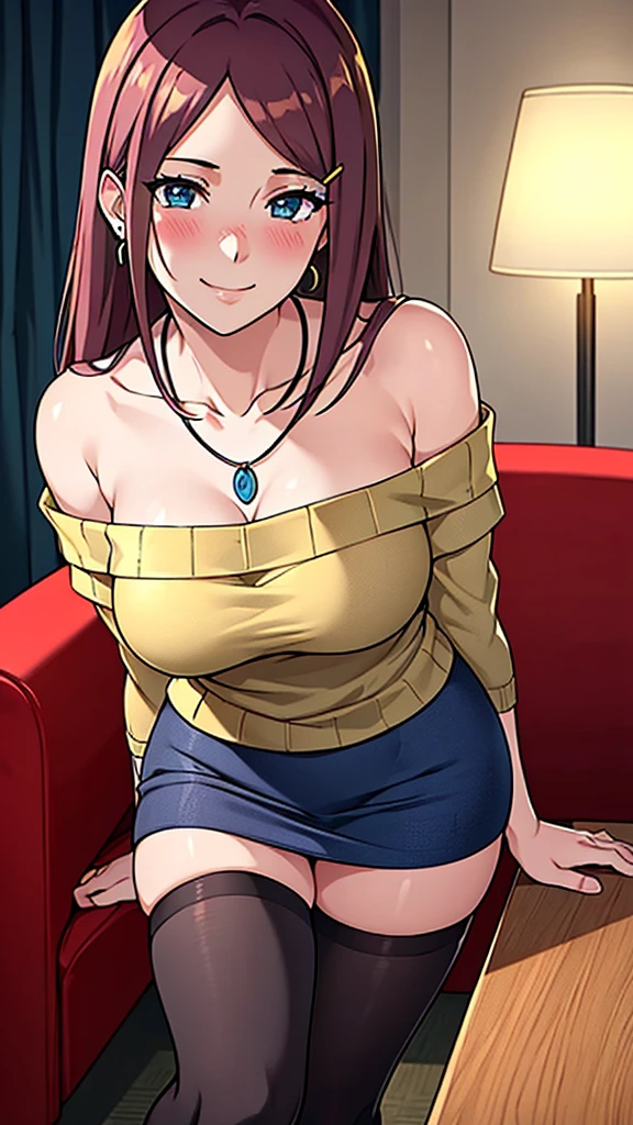(table top, highest quality, High resolution, , perfect pixel, 4k,),uzumaki_ kushina, single, alone, Beautiful woman、I could see the whole body、 ((blue eyes, beautiful eyelashes, realistic eyes)), ((detailed face, blush:1.2)), ((smooth texture:0.75, realistic texture:0.65, realistic:1.1, Anime CG style)), soft chest,dynamic angle, perfect body, ((, female teacher, , earrings、necklace、beige off shoulder sweater、Dark blue flared skirt、black knee high stockings、open both legs wide、lean forward greatly、shy smile)), upward glance、、、evening、(Sleeping on the hotel sofa)、、Close your chest with both arms、You can see the white lace panties) standing