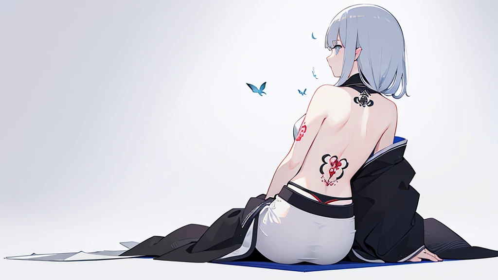 Woman sitting with her back turned,Large Japanese style tattoo on the back,Fluttering back,Take off your top,force,cool,Gray background