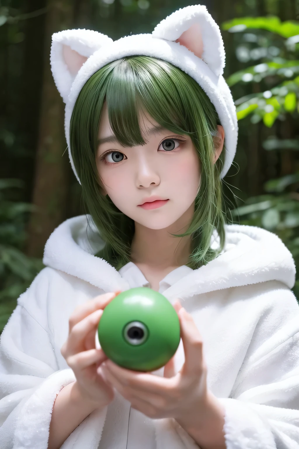 a mysterious creature。Not a person。A white, round creature。Only a head with hands and feet growing out of it。Have thin limbs。The eyes are round and the mouth is small。Green eyes。Small ears on top of the head。The head is perfectly round and integrated with the body.。Holding a thin gun in hand。The background is a mossy forest。The hair is thick。clear。
