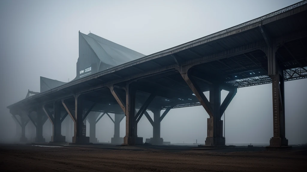 hopeless landscape,Foggy night, Huge and enigmatic structures, giant steel plate building