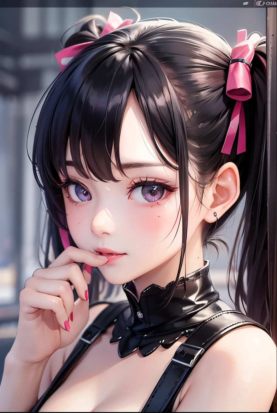 masterpiece, best quality, highly detailed, high resolution, expensive resolution, high resolution, 4k, 8k, uniform 8k wallpaper, highly detailed CG, masterpiece, 2d, 3d, beautiful details, depth, fine texture, best quality: 1.3, perfectly focused, sharp. skin, him, very cute anime girl, her name is Mei, short pigtails, idol, in the rain, expensive pink short pigtails, mole under eye, looking at the viewer, expensive, blush, mole, open lips, pink eyes, heart shaped choker, smiling face