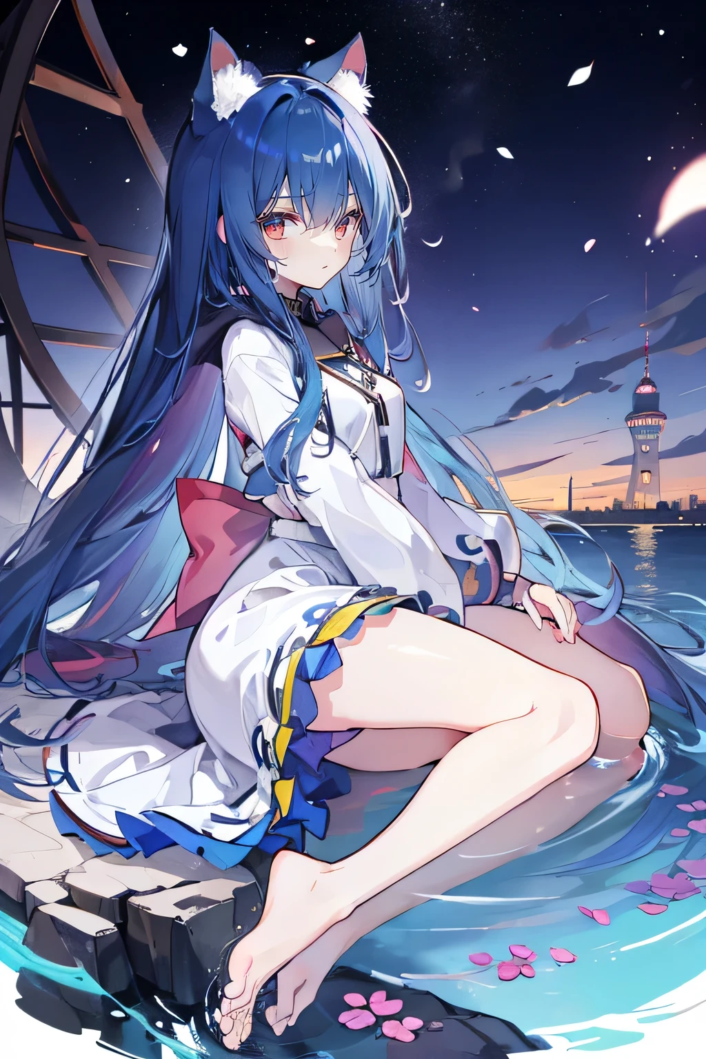 (masterpiece:1.2),Super detailed,lifelike,Expressive eyes,fair skin,perfect face shape,1 girl,
Japanese comics,Gorgeous blue hair,flowing blue hair,flowing clothes,Cat ears,Petals fall,beautiful lola,Baby Angel,
Shaking head with one hand,Cross your legs,Gentle and peaceful background,The pavilion is cool and comfortable,smile, wearing hoodie, background of tokyo,back views,snowing, winter,lie on the water,Lying on the ground。Dark blue gradient hair,asymmetrical hair,((Hair is very thick 1.8,Chiseled hair 1.6)), Hair over the shoulders, Messy hair, Very long hair, shiny hair,(long dark blue hair:1.2),A beautiful girl,(Transparent clothes transparent 1.8),Perfect body,Big thin legs,slender,(Looks very sad,Looks haggard ,sadness,shut your mouth:1.2) Against the backdrop of an unusually bright dark starry sky,(Put your hands behind your back),(round,Room, Strong breasts),barefoot,float,water surface,(long legs,long legs,long legs,Complete)