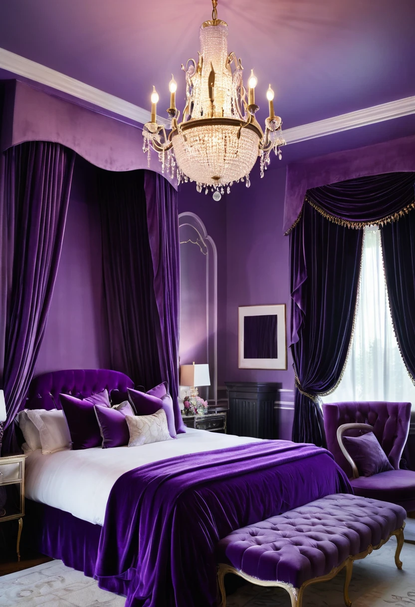 A luxurious bedroom, bathed in a sea of purple, exudes an air of romantic indulgence. The plush velvet bed, draped in flowing curtains, invites a peaceful retreat, while the shimmering chandelier casts a soft, ethereal glow upon the space.