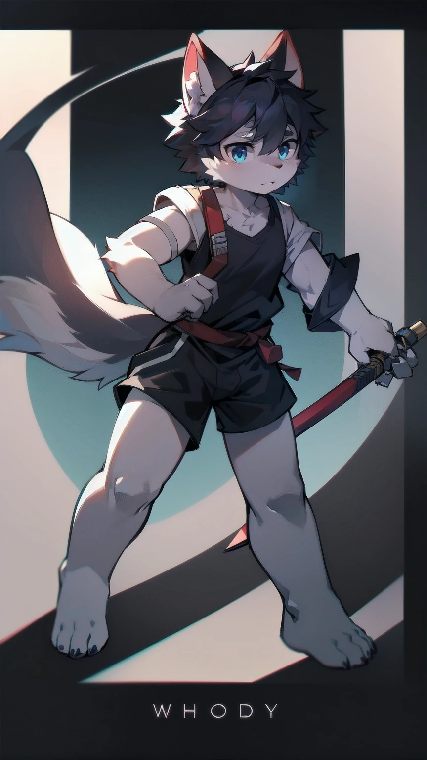 White Wolf,black hair,Sky blue eyes,hairy,Wolf ears,Wolf tail,Full body portrait,The character is in the center of the frame,Handsome,Confident eyes,male,juvenile,Black and white combat uniform,Red neck bib,Black shorts,Short sleeve,hairy arms and legs,Dark background,Dark battlefield,dawn,sunrise,dawn,illumination,shadow,Swordsman,Scabbard and sword,Hold the hilt of a sword in your hand,The scabbard is at the waist,Highest quality