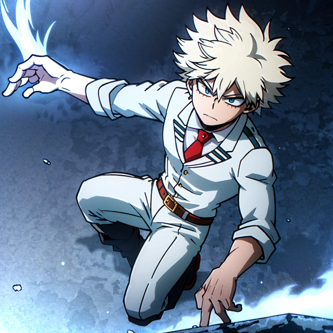 1boy, male focus, solo, muscular body, short hair, spiky hair, white hair, blue eyes, gray jacket, red tie, white shirt, teal pants, boots, fire, snow background, light, handsome
