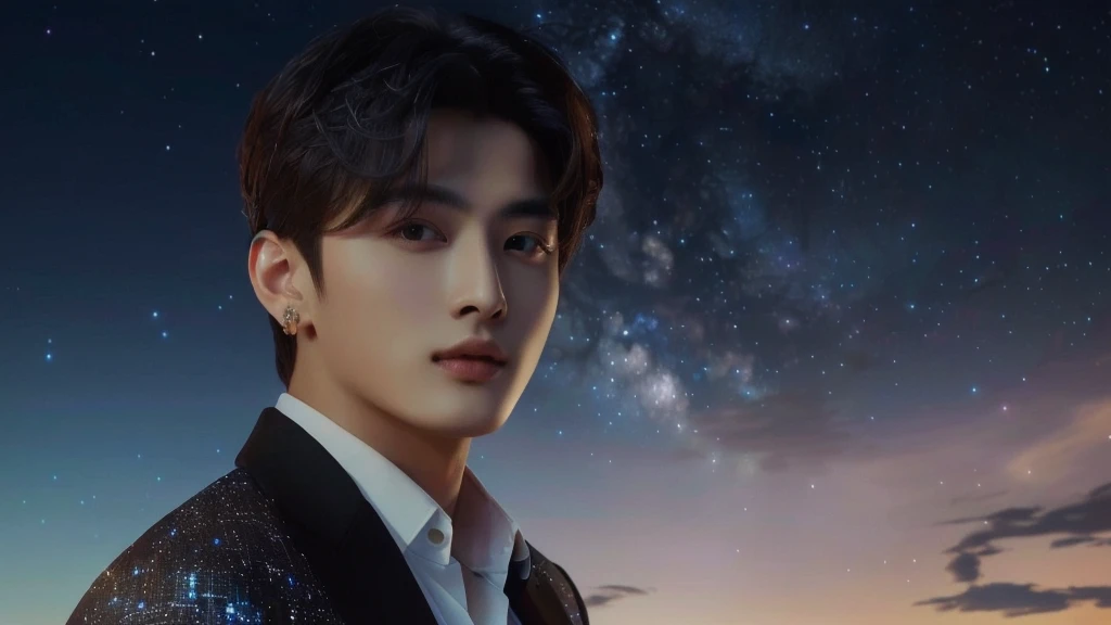 Arabic style image of a man in a suit and tie standing in front of a night sky, Shin Jinyoung, Shin Jinyoung aesthetic, Cai Xukun, Inspired by Zhang Han, Album art, Official Fan Art, Inspired by Yanjun Chen, Young One Angel, Inspired by Bian Shoumin, Inspired by Jongsuk Lee, handsome prince, On a galaxy-like background
