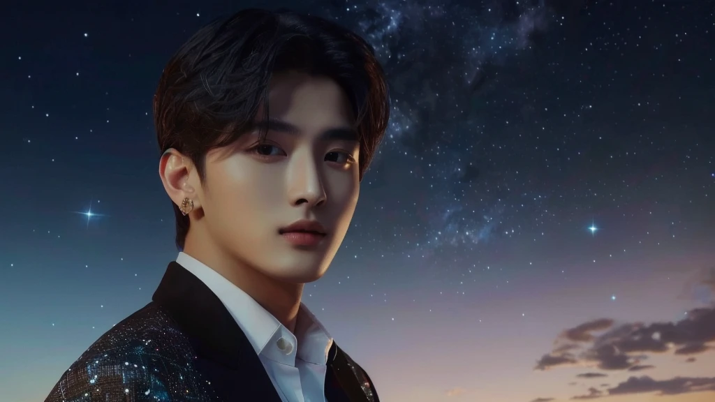 Arabic style image of a man in a suit and tie standing in front of a night sky, Shin Jinyoung, Shin Jinyoung aesthetic, Cai Xukun, Inspired by Zhang Han, Album art, Official Fan Art, Inspired by Yanjun Chen, Young One Angel, Inspired by Bian Shoumin, Inspired by Jongsuk Lee, handsome prince, On a galaxy-like background