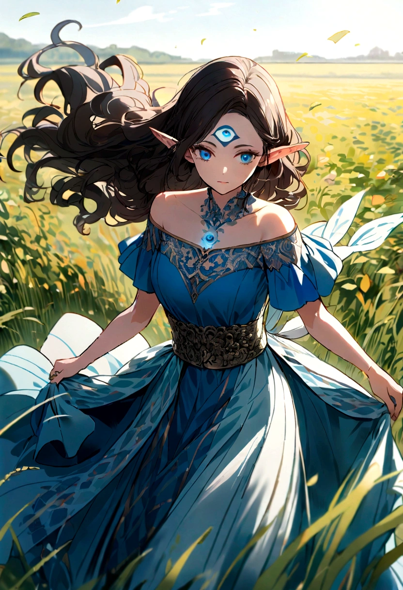 Woman with short elf ears in off-the-shoulder clothes,Flying life-size brunette long wavy hair,carefree expressions,Complex clothing,Beautiful patterns are engraved on clothes beautiful blue eyes, a natural blue third eye tattoo on her forehead, The long skirt swayed in the wind, standing in the middle of a vast open field.