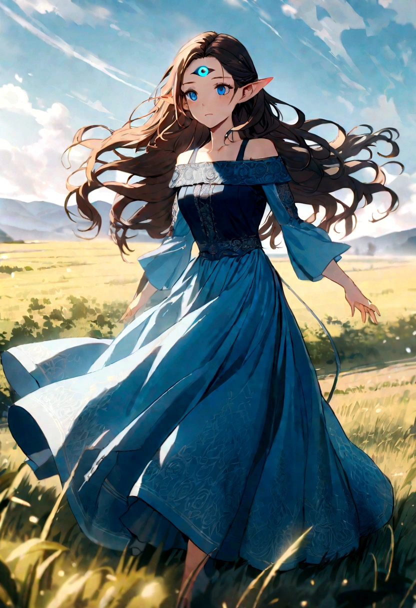  Woman with short elf ears in off-the-shoulder clothes，Flying life-size brunette long wavy hair，carefree expressions，Complex clothing，Beautiful patterns are engraved on clothes beautiful blue eyes, a natural blue third eye tattoo on her forehead, The long skirt swayed in the wind, standing in the middle of a vast open field.