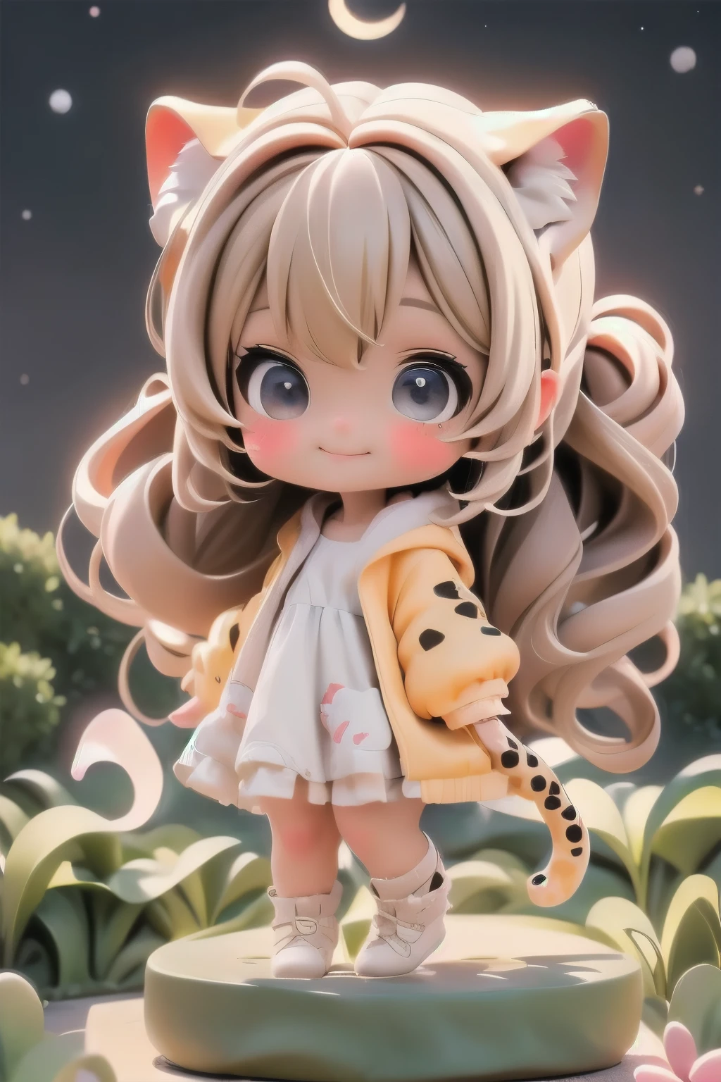 cute chibi girl smiling wearing a (cheetah kigurumi), cheetah girl, pumps, playful pose, location garden at night, garden outdoors, starry sky, moon, angle from below
