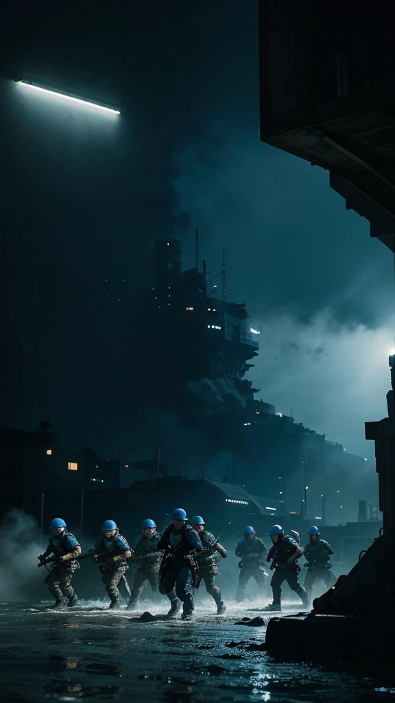 Captain Clark's small unit of 20 men held off the enemy forces for hours, but they were vastly outnumbered. 4k realistic imagery, blue scenery like a movie scene, old american setting, inspired by blade runner movie scene, blue tone,