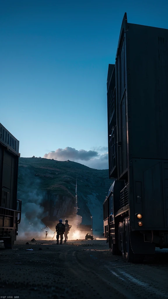 Captain Clark's small unit of 20 men held off the enemy forces for hours, but they were vastly outnumbered. 4k realistic imagery, blue scenery like a movie scene, old american setting, inspired by blade runner movie scene, blue tone,