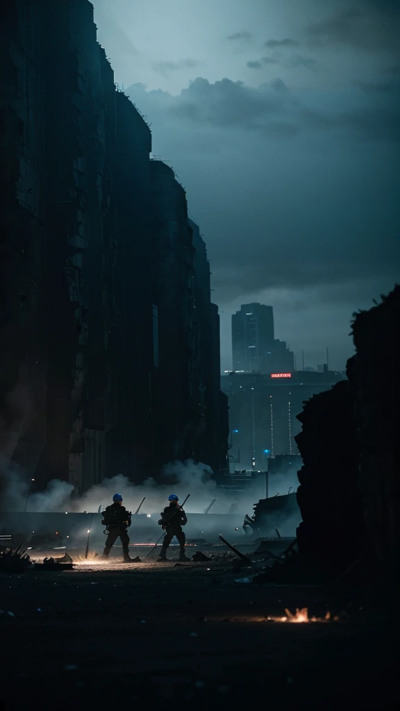Captain Clark's small unit of 20 men held off the enemy forces for hours, but they were vastly outnumbered. 4k realistic imagery, blue scenery like a movie scene, old american setting, inspired by blade runner movie scene, blue tone,