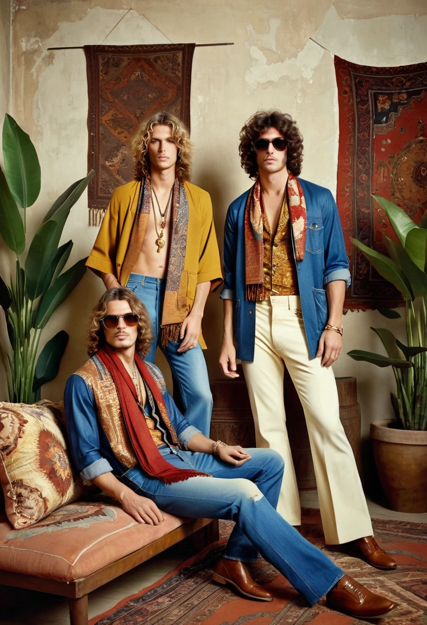 Generate an AI image featuring two male models posed in a richly decorated, vintage bohemian setting. The standing model on the left wears a blue denim kimono-style jacket with ethnic patterns and distressed edges, layered over a rust-colored shirt, accessorized with layered necklaces and a mustard yellow scarf, paired with light-washed, flared jeans and woven brown shoes, his curly hair enhancing the retro aesthetic. The seated model on the right dons a mustard-colored, short-sleeved shirt with red details, distressed jeans with patchwork, a long patterned scarf, retro sunglasses, and wavy hair, adding to the 70s vibe. The environment is an indoor space with an opulent backdrop of floral and geometric patterned tapestries in red, blue, and cream, draping the walls and ceiling, with large potted plants adding greenery and layered rugs and cushions creating a cozy texture. The composition balances the standing model on the left and the seated model on the right, with soft, diffused lighting enhancing fabric textures and colors, suggesting a late afternoon or studio setup with filtered light. The photograph uses a medium format camera with a slight upward angle to emphasize the standing model's height, likely with a 50mm or 85mm prime lens providing a natural field of view and shallow depth of field, focusing on the models and their intricate outfits. The scene evokes the opulent, maximalist designs of Roberto Cavalli and the 1970s bohemian fashion photography.