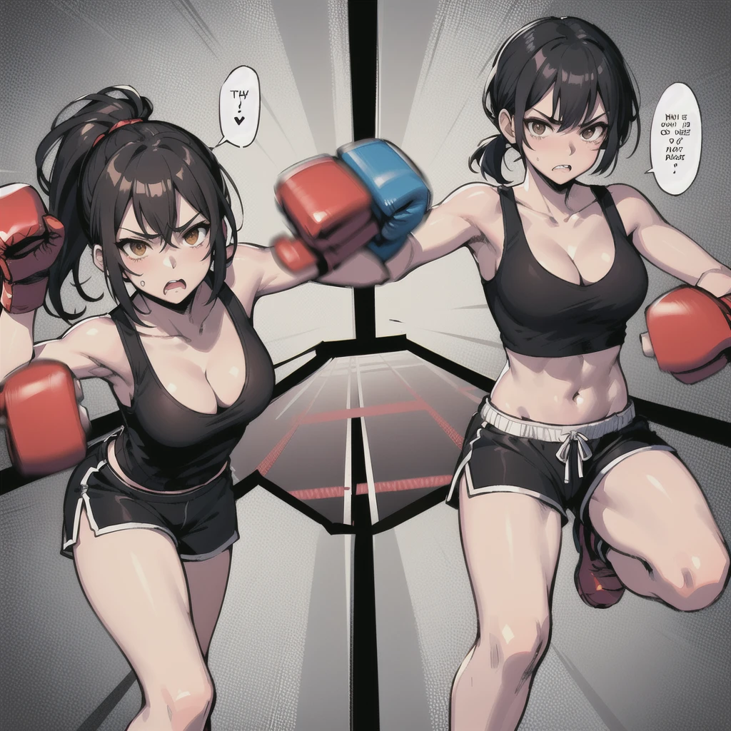 dynamic battle action. two Bloody women are facing each other in the octagon ring. they are damaged so hard. they are tired terribry. A woman is punching into the other woman's body. A female fighter is crying。they are naked。high leg shorts. Covered in bruises。shortness of breath。Drooling。Frightened expression。Sweaty。Short black hair。Open Finger Gloves。Erect nipples。One eye closed.