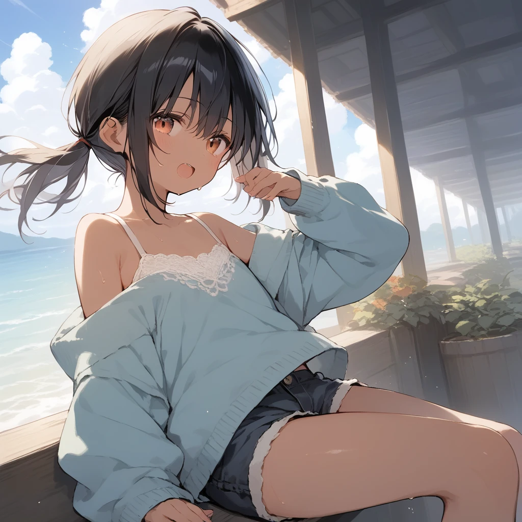 score_9, score_8_up, score_7_up, source_anime, best quality, masterpiece, official art, absurdres, highres, ultra-detailed,waifu2x,Collection: Slice of Life,break,1girl, tomboy, dark-skinned female, short hair, low ponytail, flat chest, beautiful detailed eyes, short shorts, sweat, open mouth, (yawn:0.3), sleepily, outdoors, wind, break,(clear line illustration:1.2),very high resolution, very aesthetic, super detailed skin, Best sexual lighting powered by famous artist, 8k,cute picture,beauty illustration,photoshop_(medium),,(Detailed Lighting),best anime 8k konachan wallpaper, pixiv contest winner,