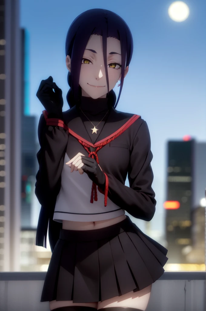 maganechikujouin, magane chikujouin, long hair, purple hair, braid, single braid, (hair over one eye:1.5), (yellow eyes:1.3), smile, grin,
BREAK skirt, thighhighs, gloves, jewelry, , earrings, serafuku, black gloves, black thighhighs, necklace, zettai ryouiki,
BREAK outdoor, city, night, sky, buildings, moon, clouds,
BREAK looking at viewer, (cowboy shot:1.5),
BREAK (masterpiece:1.2), best quality, high resolution, unity 8k wallpaper, (illustration:0.8), (beautiful detailed eyes:1.6), extremely detailed face, perfect lighting, extremely detailed CG, (perfect hands, perfect anatomy),