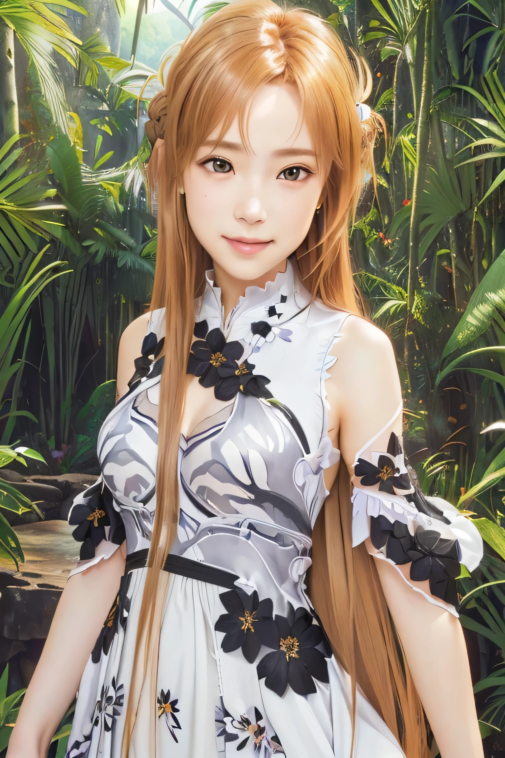 masterpiece, best quality, (realistic,photo-realistic:1.4), (RAW photo:1.2), extremely detailed CG unity 8k wallpaper, delicate and beautiful, amazing,finely detail, official art, absurdres, incredibly absurdres, huge filesize, ultra-detailed,extremely detailed eyes and face,light on face,yuuki asuna,(little smile),(long hair:1.4),(medium breast:1.4),(jungle background:1.4),(caramel hair:1.3),(wearing black flower dress:1.4)
