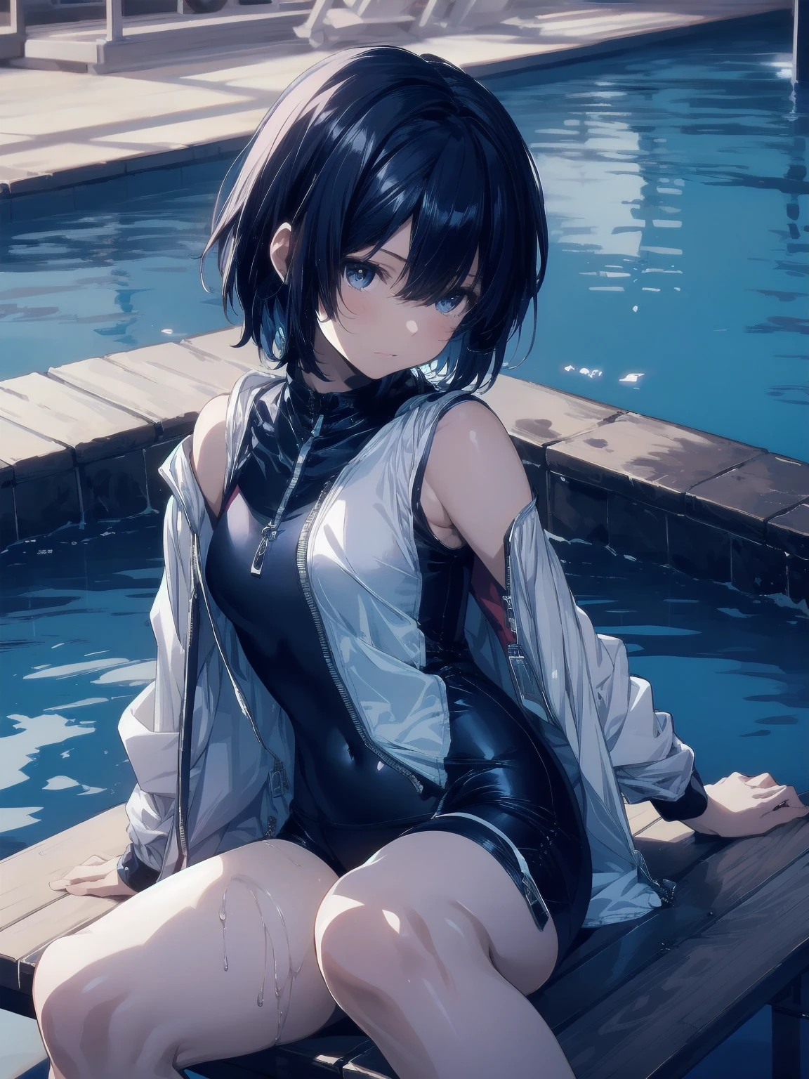 ultra-Top-quality by art God, ultra-detailed, high resolution, shinkai makoto style, anime moe artstyle, best anime 8k konachan wallpaper, pixiv contest winner, perfect anatomy, break,(Please draw a picture of a girl in a swimsuit sitting sleepily on a bench by the poolside alone.),break, a hyperrealistic school girl, (Solo,ta, kid, 13-year-old:1.3),Full limbs, complete fingers, androgynous charm, (very short hair), wet hair, small breasts,slender body, Small butt, groin, Small black eyes,hanme,beautiful detailed eyes, well-proportioned iris and pupils, sleepy eyes, highres detailed hair, swimsuit, wet swimsuit, bare shoulders, thighs, in the school pool. break,super detailed skin, shiny skin, Best lighting powered by famous artist, 8k, illustration,UHD, textured skin,break,((artist:saiguchi_otoufu )), artist:clamp ,artist:carnelian ,artist:kantoku ,