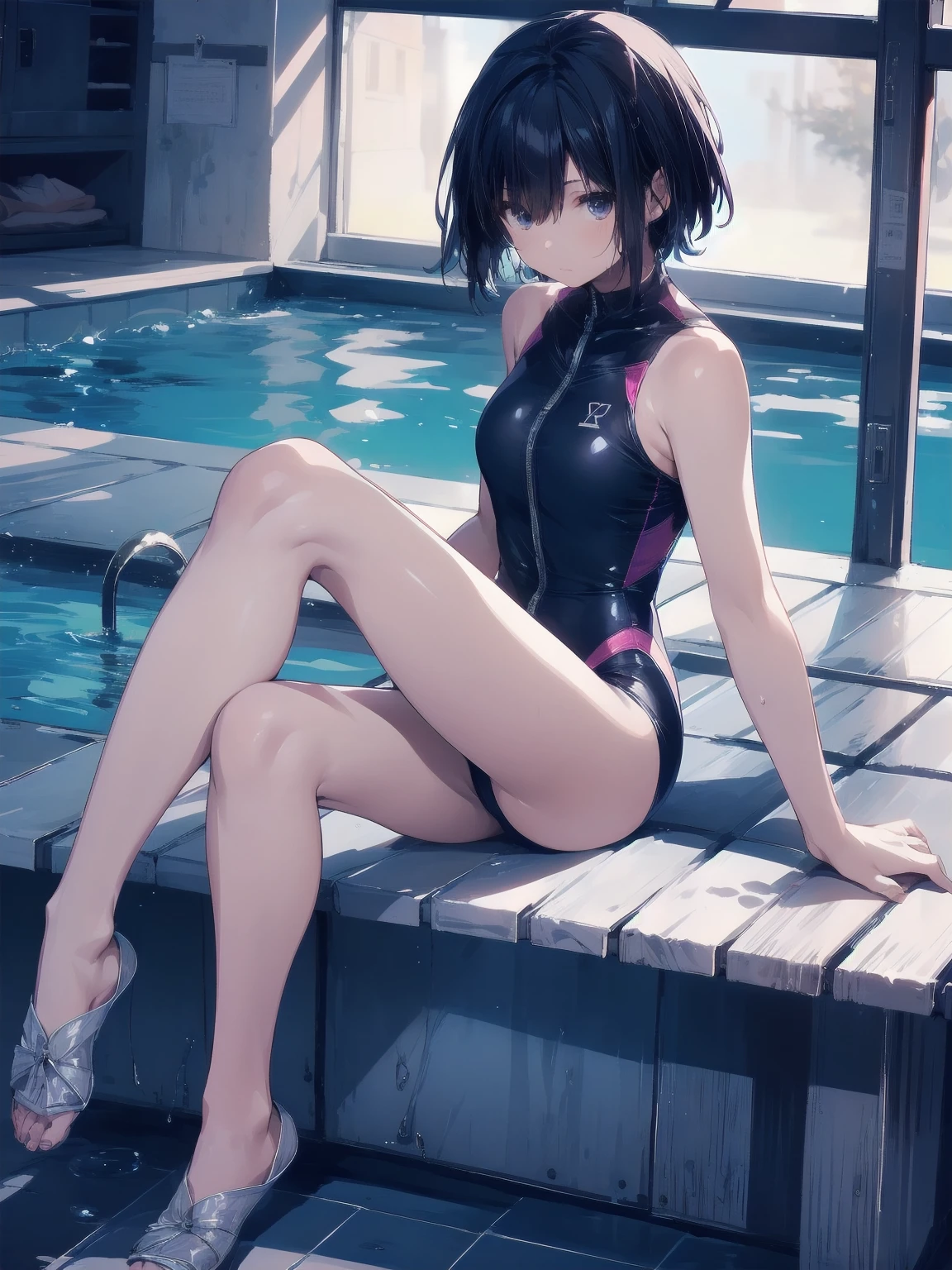 ultra-Top-quality by art God, ultra-detailed, high resolution, shinkai makoto style, anime moe artstyle, best anime 8k konachan wallpaper, pixiv contest winner, perfect anatomy, break,(Please draw a picture of a girl in a swimsuit sitting sleepily on a bench by the poolside alone.),break, a hyperrealistic school girl, (Solo,ta, kid, 13-year-old:1.3),Full limbs, complete fingers, androgynous charm, (very short hair), wet hair, small breasts,slender body, Small butt, groin, Small black eyes,hanme,beautiful detailed eyes, well-proportioned iris and pupils, sleepy eyes, highres detailed hair, swimsuit, wet swimsuit, bare shoulders, thighs, in the school pool. break,super detailed skin, shiny skin, Best lighting powered by famous artist, 8k, illustration,UHD, textured skin,break,((artist:saiguchi_otoufu )), artist:clamp ,artist:carnelian ,artist:kantoku ,