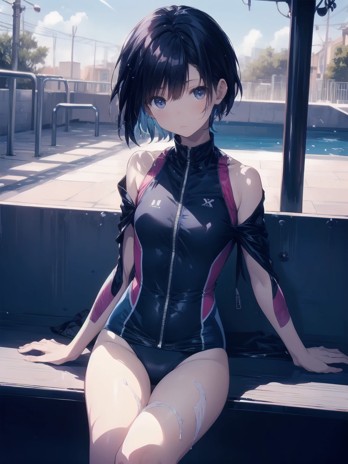 ultra-Top-quality by art God, ultra-detailed, high resolution, shinkai makoto style, anime moe artstyle, best anime 8k konachan wallpaper, pixiv contest winner, perfect anatomy, break,(Please draw a picture of a girl in a swimsuit sitting sleepily on a bench by the poolside alone.),break, a hyperrealistic school girl, (Solo,lolita, , 13-ar-1.3),l limbs, complete fingers, androgynous charm, (very short hair), wet hair, small breasts,slender body, Small butt, groin, Small black eyes,hanme,beautiful detailed eyes, well-proportioned iris and pupils, sleepy eyes, highres detailed hair, swimsuit, wet swimsuit, bare shoulders, thighs, in the school pool. break,super detailed skin, shiny skin, Best lighting powered by famous artist, 8k, illustration,UHD, textured skin,break,((artist:saiguchi_otoufu )), artist:clamp ,artist:carnelian ,artist:kantoku ,